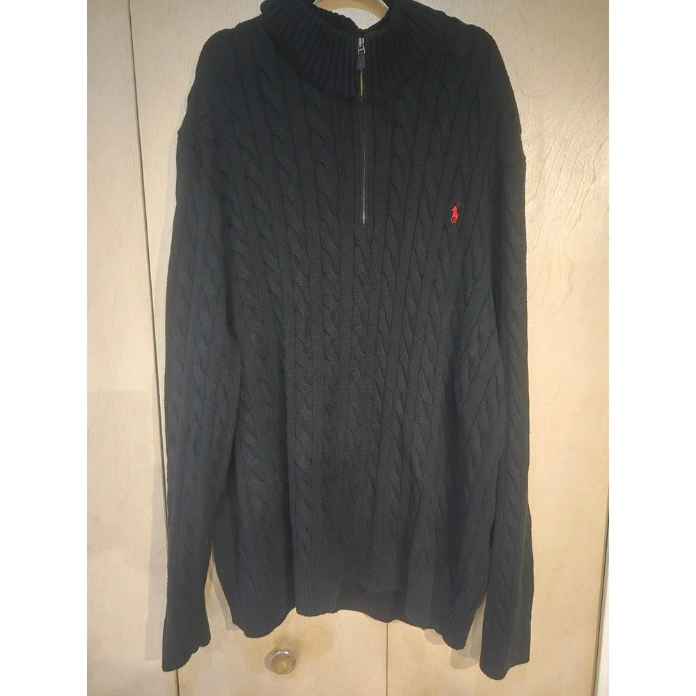 Polo Ralph Lauren Mens Black Cable Knit Quarter Zip Sweater 4XLT Big & Tall Pony